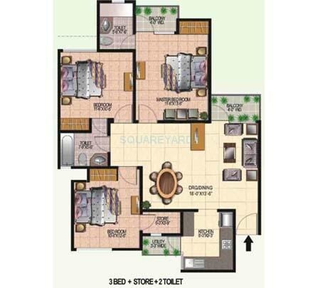 Floor plan of 3 BHK 1500 Sq. Ft. Apartment in Today Ridge Residency, Noida