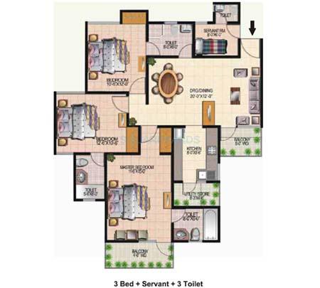 Floor plan of 3 BHK 1665 Sq. Ft. Apartment in Today Ridge Residency, Noida
