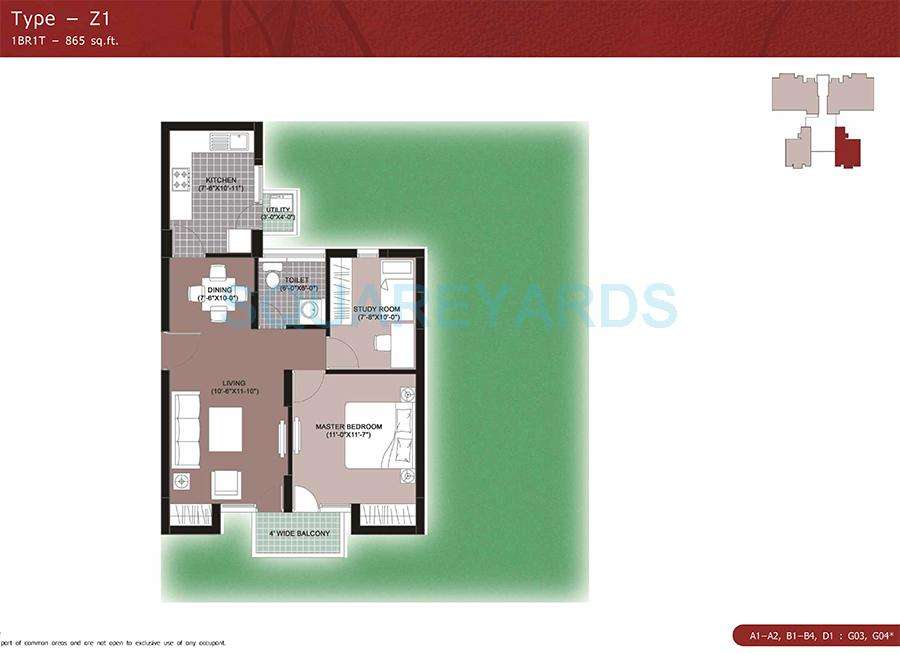 1 BHK 865 Sq. Ft. Apartment in Unitech The Residences
