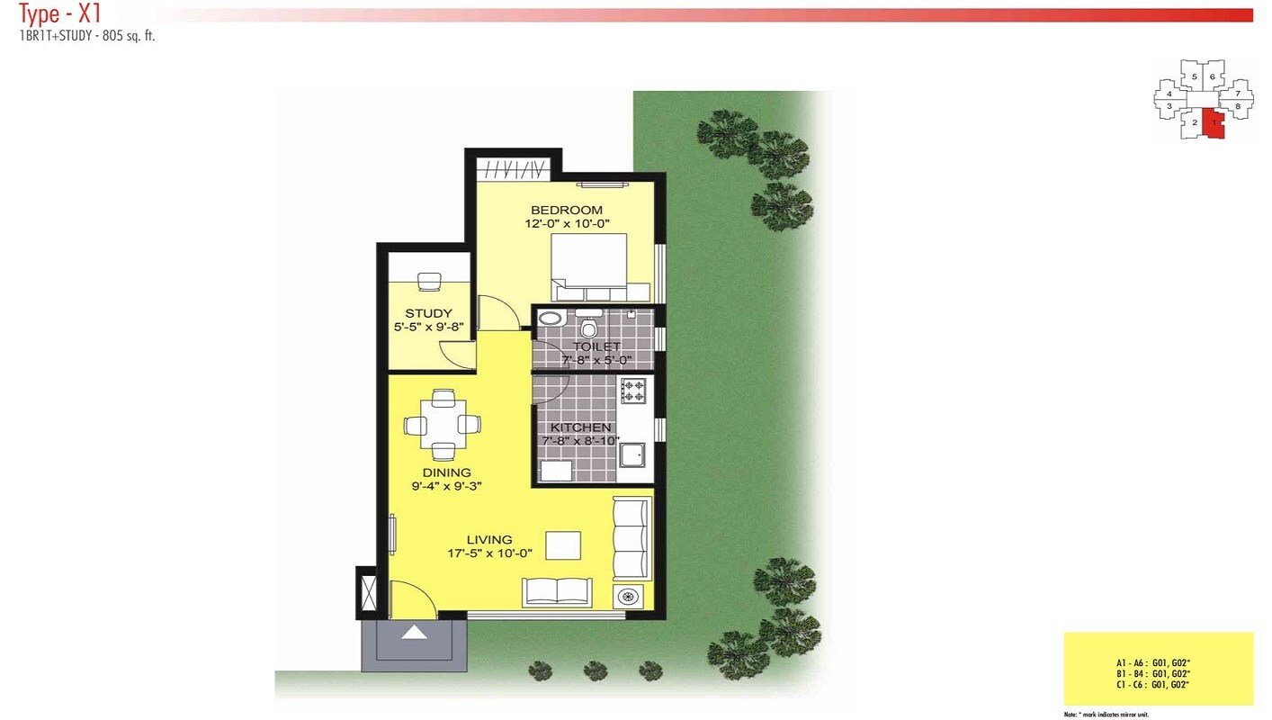 Floor plan of 1 BHK 805 Sq. Ft. Apartment in Unitech Unihomes 3, Noida