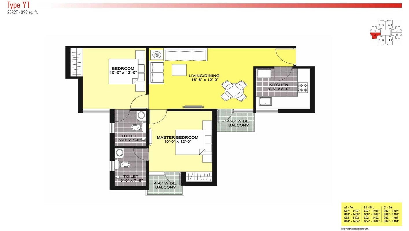 Floor plan of 2 BHK 899 Sq. Ft. Apartment in Unitech Unihomes 3, Noida