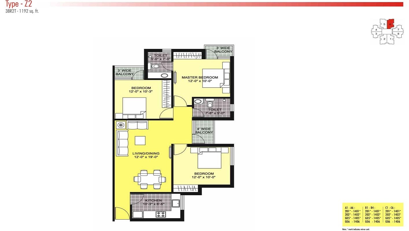 Floor plan of 3 BHK 1192 Sq. Ft. Apartment in Unitech Unihomes 3, Noida