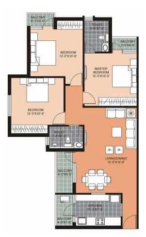 Floor plan of 3 BHK 1390 Sq. Ft. Apartment in Unitech Unihomes Superb, Noida