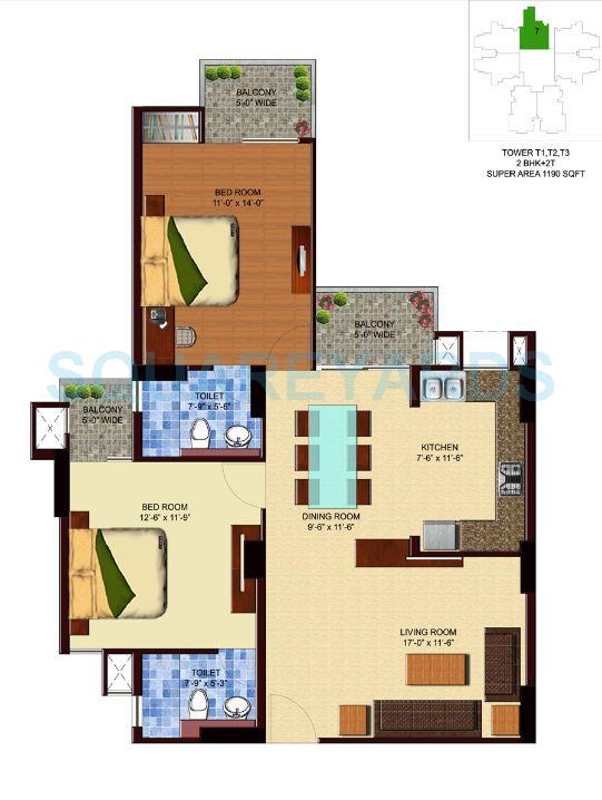 Floor plan of 2 BHK 1190 Sq. Ft. Apartment in Unnati Fortune The Aranya, Noida