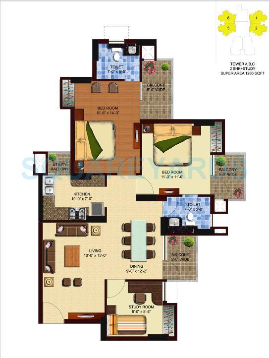 Floor plan of 2 BHK 1280 Sq. Ft. Apartment in Unnati Fortune The Aranya, Noida