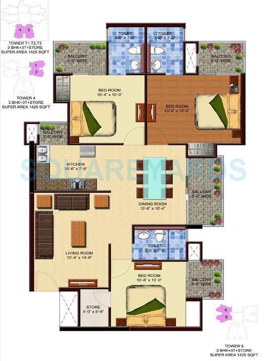 Floor plan of 3 BHK 1425 Sq. Ft. Apartment in Unnati Fortune The Aranya, Noida