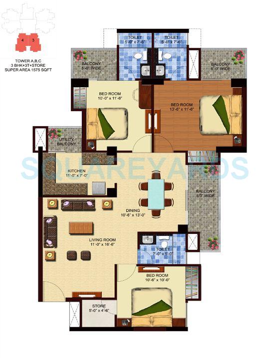 Floor plan of 3 BHK 1575 Sq. Ft. Apartment in Unnati Fortune The Aranya, Noida