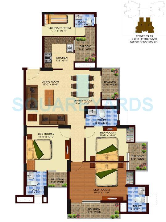 Floor plan of 3 BHK 1800 Sq. Ft. Apartment in Unnati Fortune The Aranya, Noida