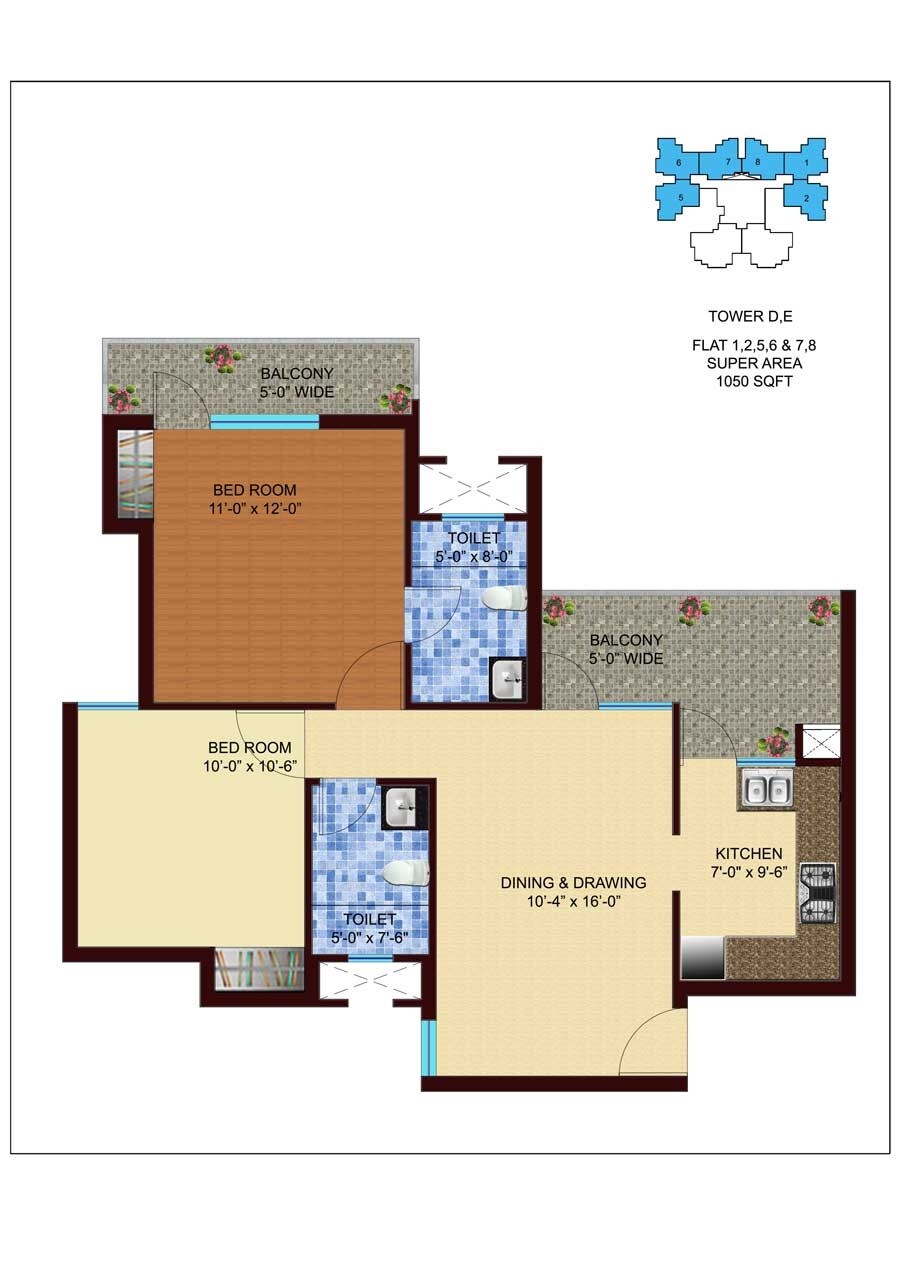 Floor plan of 2 BHK 1050 Sq. Ft. Apartment in Unnati Fortune The Aranya, Noida