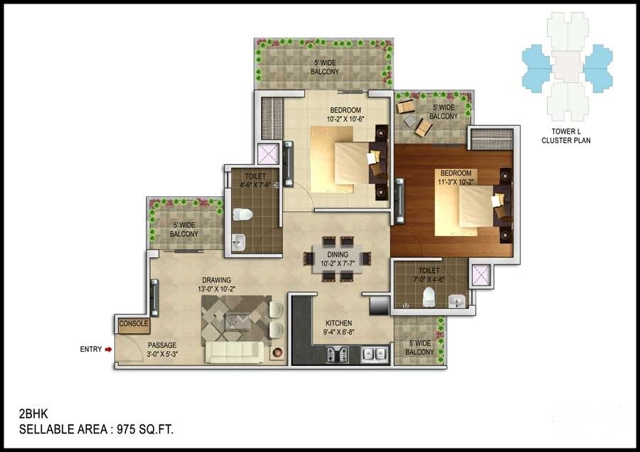 Floor plan of 2 BHK 975 Sq. Ft. Apartment in Unnati Fortune The Aranya, Noida