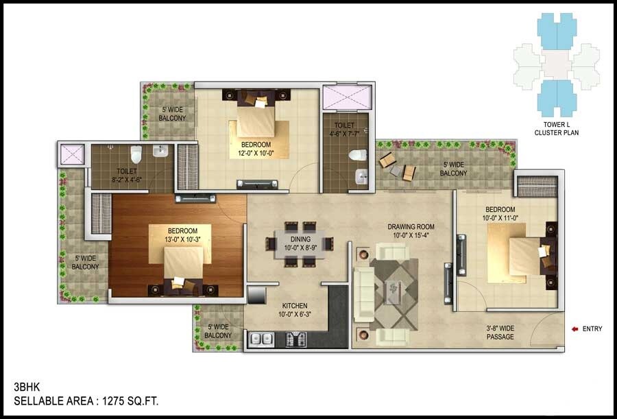 Floor plan of 3 BHK 1275 Sq. Ft. Apartment in Unnati Fortune The Aranya, Noida