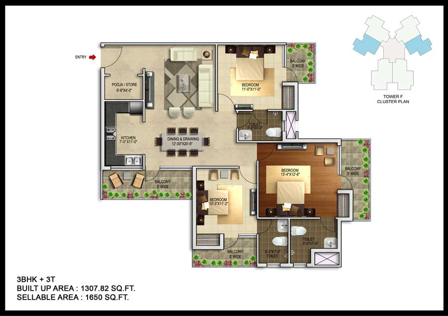 Floor plan of 3 BHK 1650 Sq. Ft. Apartment in Unnati Fortune The Aranya, Noida