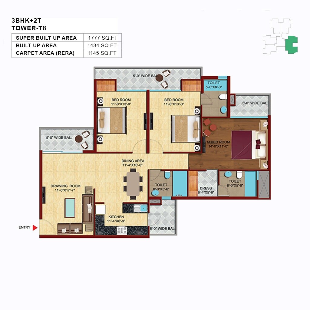 Floor plan of 3 BHK 1777 Sq. Ft. Apartment in Unnati Fortune The Aranya, Noida