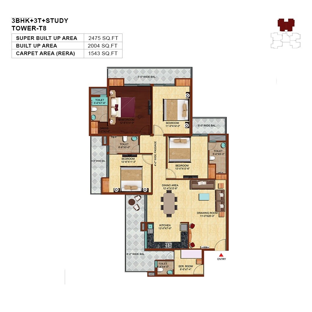 Floor plan of 3 BHK 2475 Sq. Ft. Apartment in Unnati Fortune The Aranya, Noida