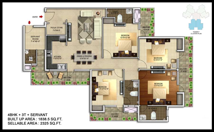 Floor plan of 4 BHK 2325 Sq. Ft. Apartment in Unnati Fortune The Aranya, Noida