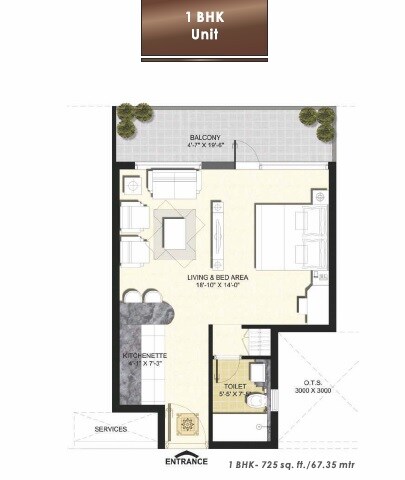 Floor plan of 1 BHK 725 Sq. Ft. Apartment in Unnati Suites, Noida