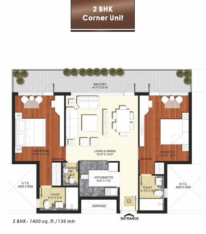 Floor plan of 2 BHK 1400 Sq. Ft. Apartment in Unnati Suites, Noida