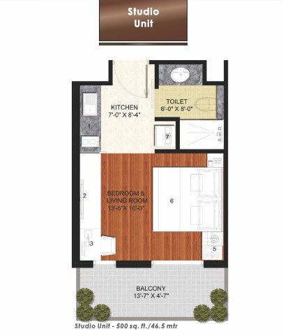 Floor plan of 500 Sq. Ft. Studio in Unnati Suites, Noida
