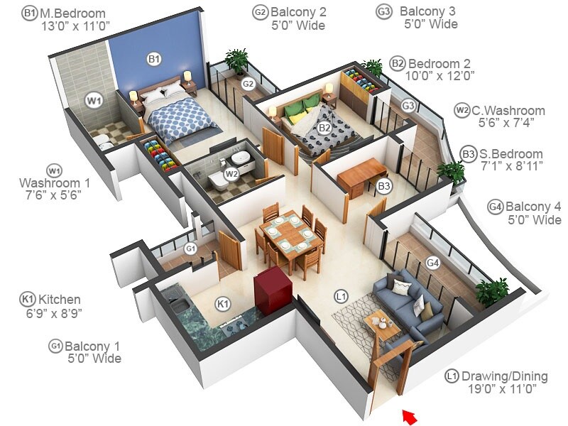 Floor plan of 2 BHK 1310 Sq. Ft. Apartment in Urbtech Hilston, Noida