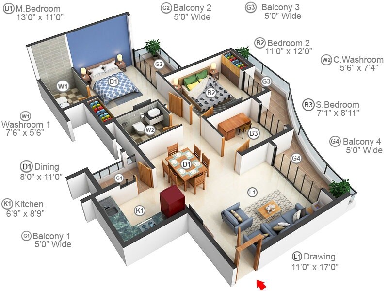 Floor plan of 2 BHK 1390 Sq. Ft. Apartment in Urbtech Hilston, Noida