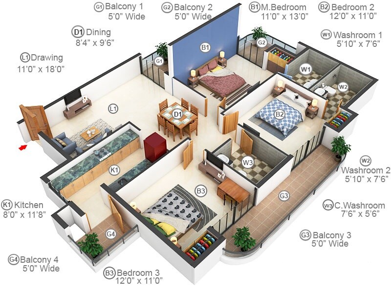 Floor plan of 3 BHK 1770 Sq. Ft. Apartment in Urbtech Hilston, Noida