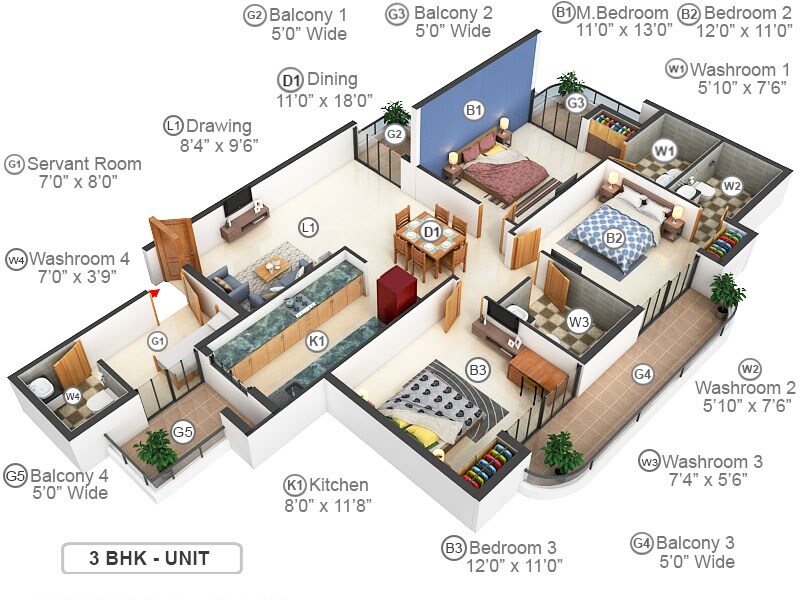Floor plan of 3 BHK 1650 Sq. Ft. Apartment in Urbtech Hilston, Noida
