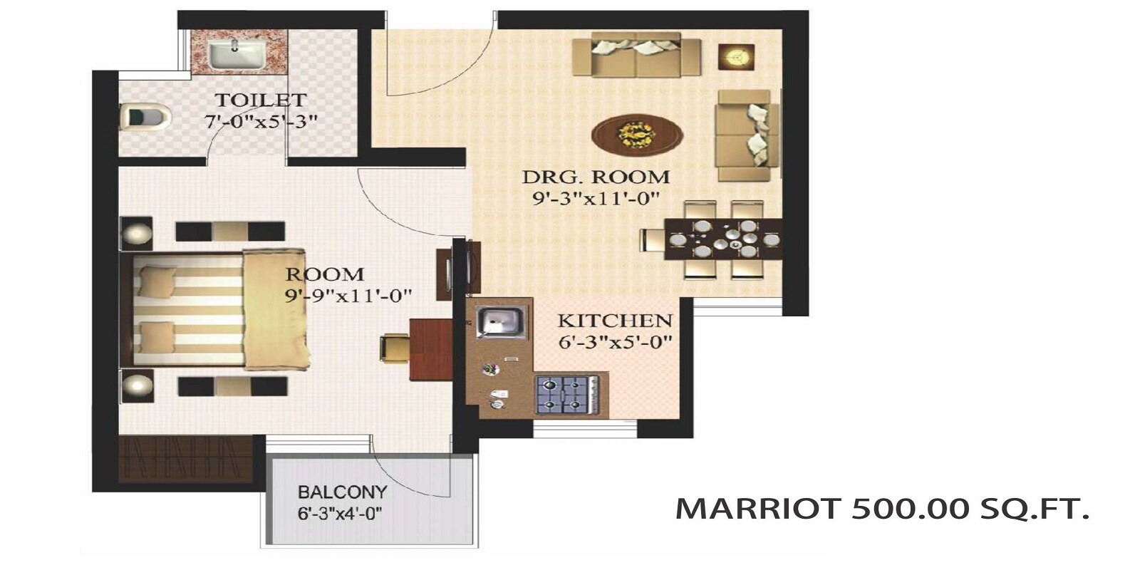 Floor plan of 1 BHK 500 Sq. Ft. Apartment in Urbtech Xaviers, Noida