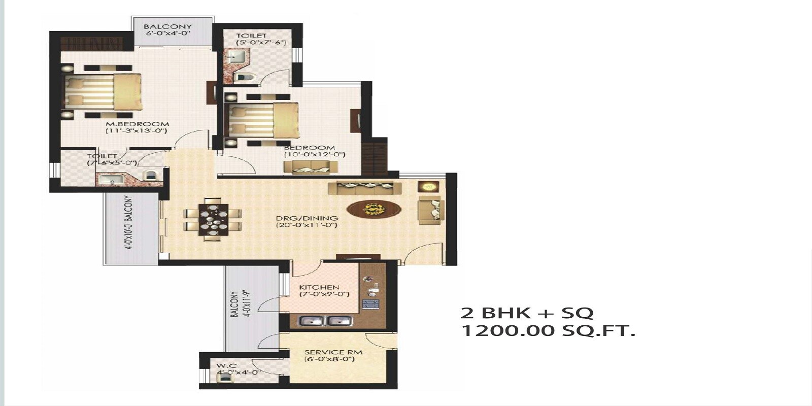 Floor plan of 2 BHK 1200 Sq. Ft. Apartment in Urbtech Xaviers, Noida