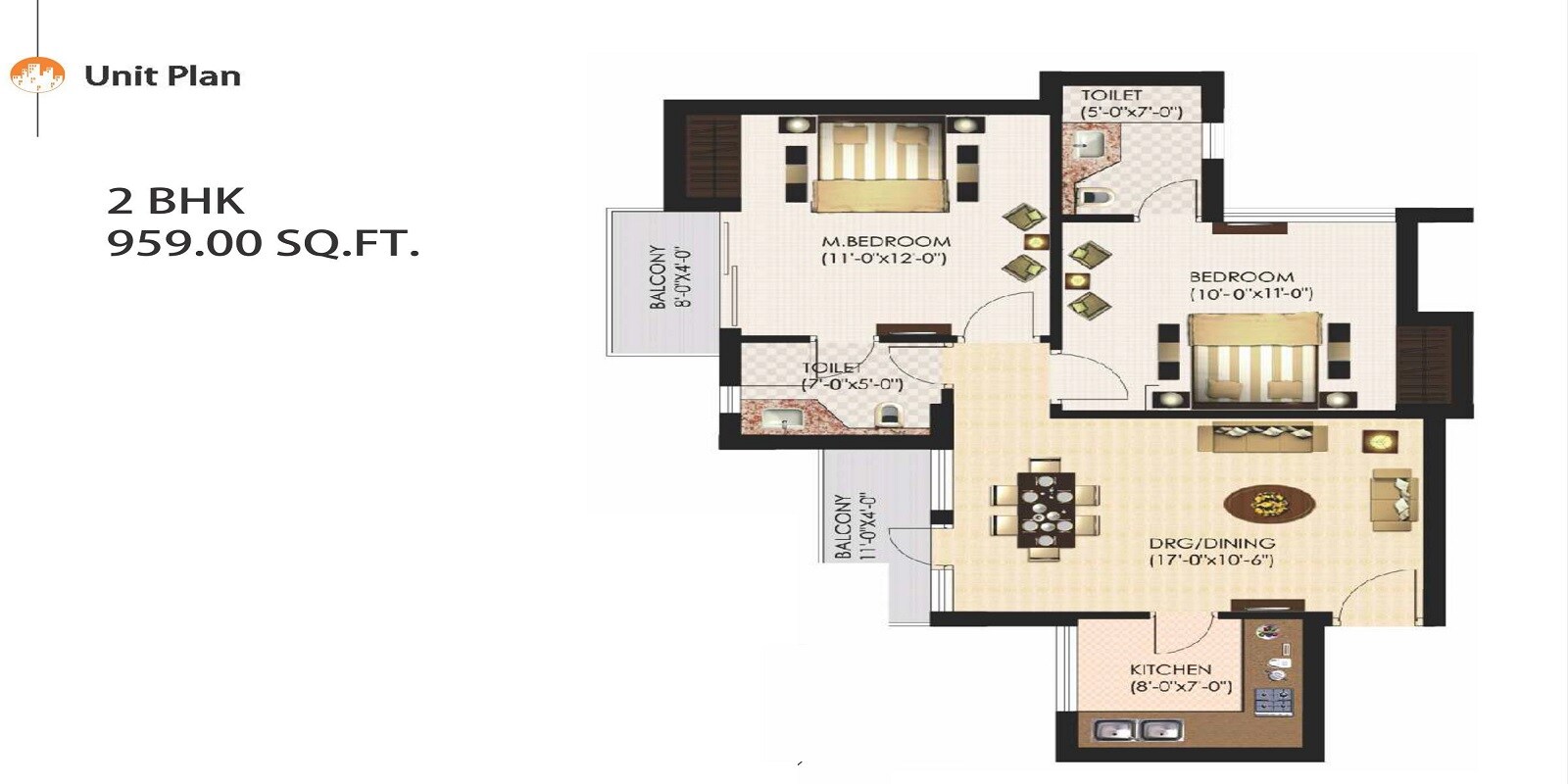 Floor plan of 2 BHK 959 Sq. Ft. Apartment in Urbtech Xaviers, Noida