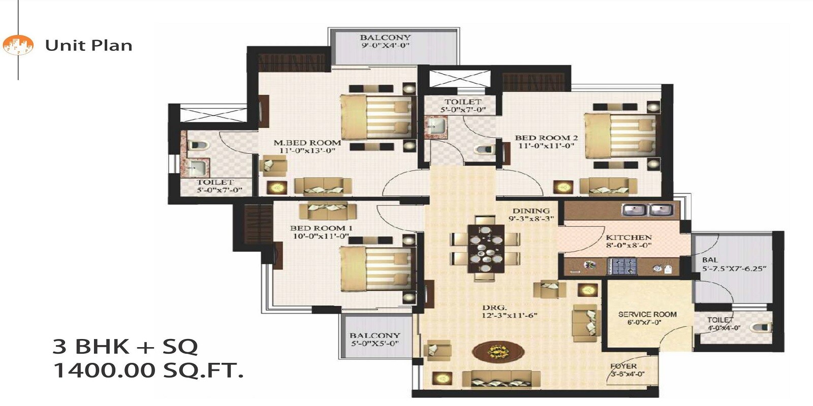 Floor plan of 3 BHK 1400 Sq. Ft. Apartment in Urbtech Xaviers, Noida