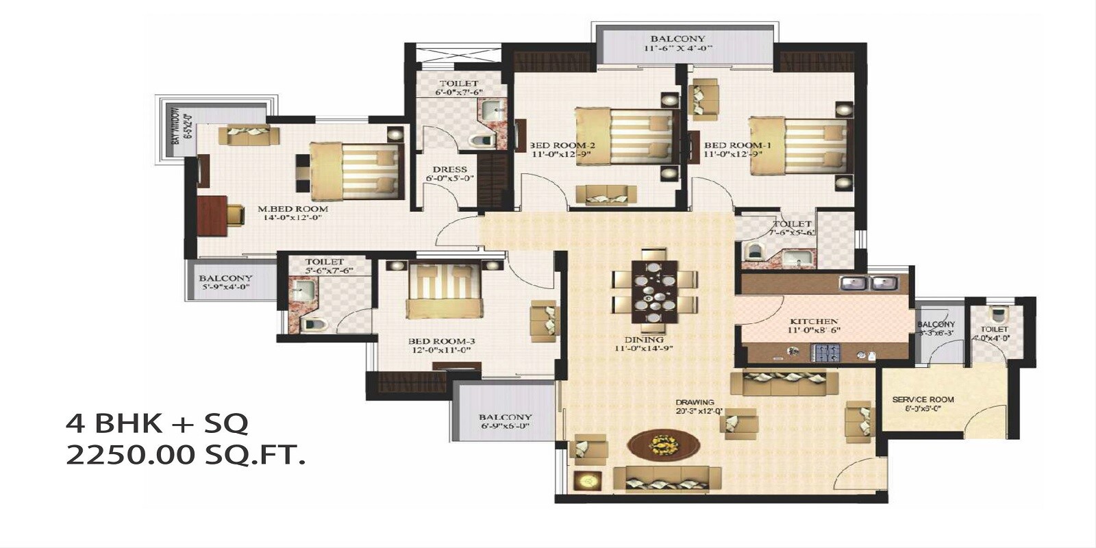 Floor plan of 4 BHK 2250 Sq. Ft. Apartment in Urbtech Xaviers, Noida