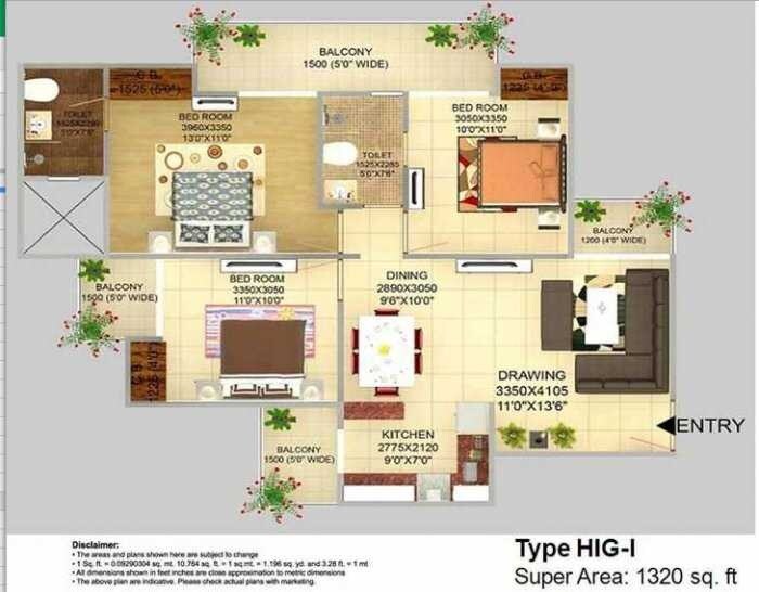 Floor plan of 3 BHK 1320 Sq. Ft. Apartment in Victory Infra Crossroads, Noida
