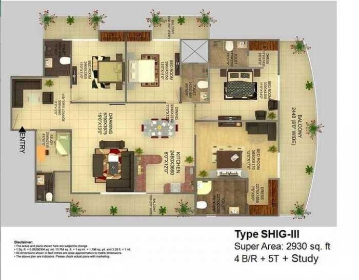 Floor plan of 4 BHK 2930 Sq. Ft. Apartment in Victory Infra Crossroads, Noida