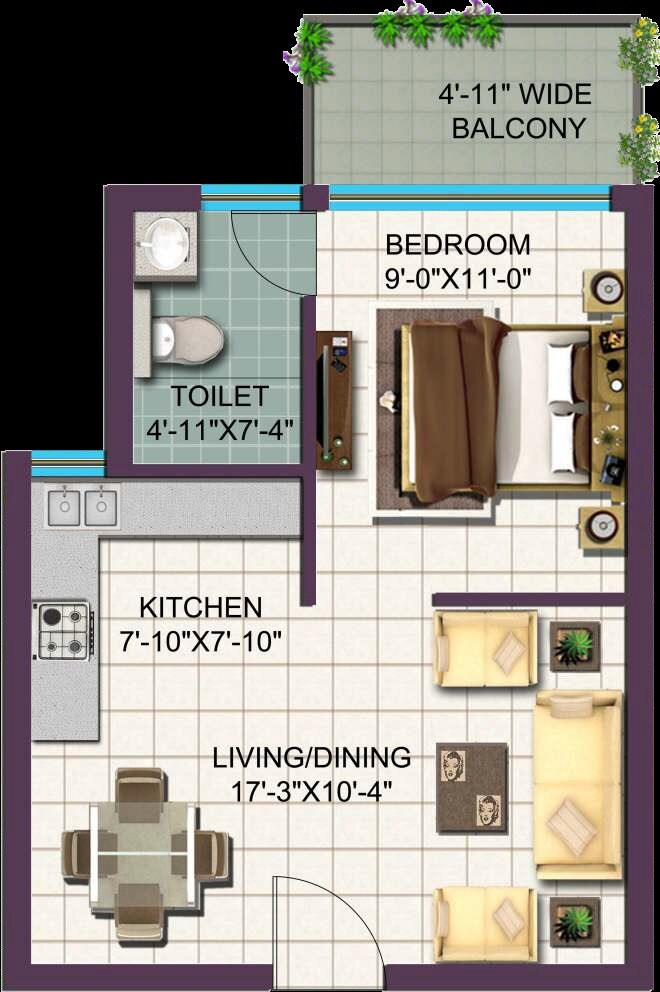 Floor plan of 1 BHK 590 Sq. Ft. Apartment in Viva City Noida, Noida