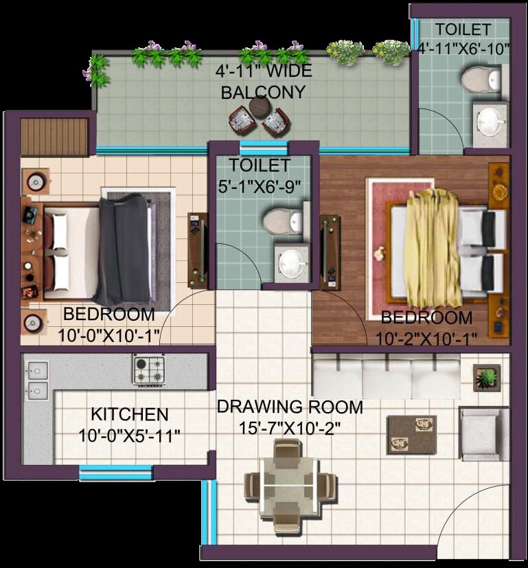 Floor plan of 2 BHK 825 Sq. Ft. Apartment in Viva City Noida, Noida
