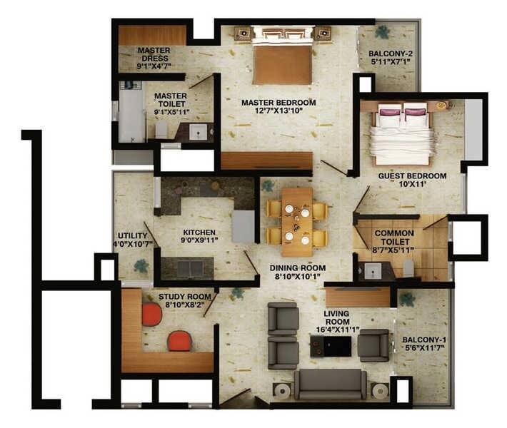 Floor plan of 2 BHK 1609 Sq. Ft. Apartment in Wave Amore, Noida