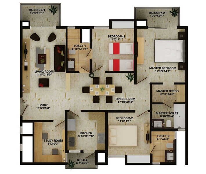 Floor plan of 3 BHK 2160 Sq. Ft. Apartment in Wave Amore, Noida