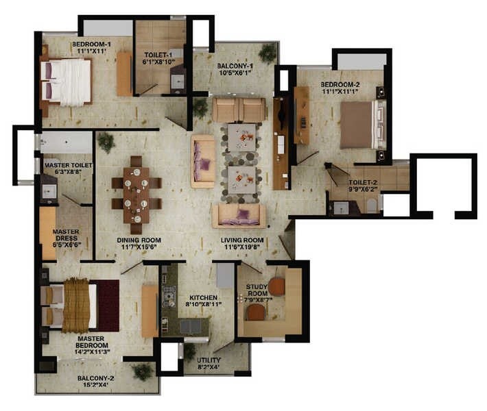 Floor plan of 3 BHK 2287 Sq. Ft. Apartment in Wave Amore, Noida