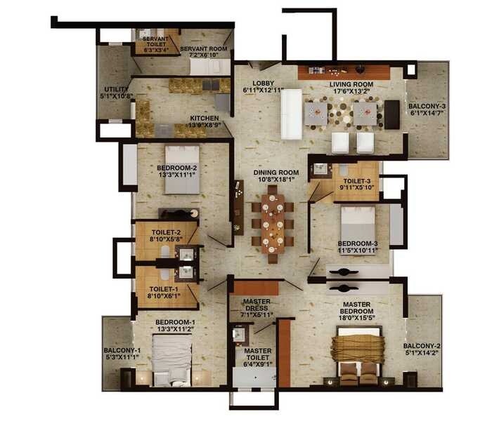 Floor plan of 4 BHK 3066 Sq. Ft. Apartment in Wave Amore, Noida