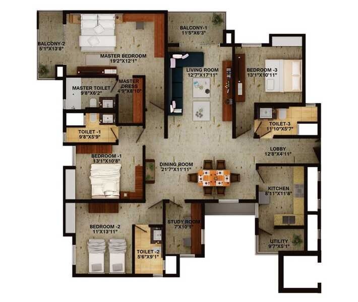 Floor plan of 4 BHK 3177 Sq. Ft. Apartment in Wave Amore, Noida
