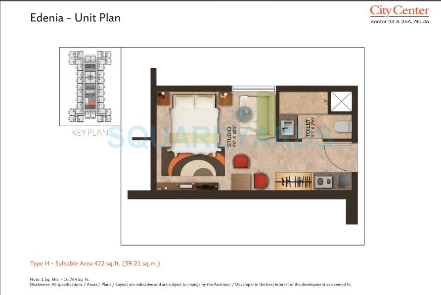 Floor plan of 1 BHK 422 Sq. Ft. Apartment in Wave City Center - Edenia, Noida