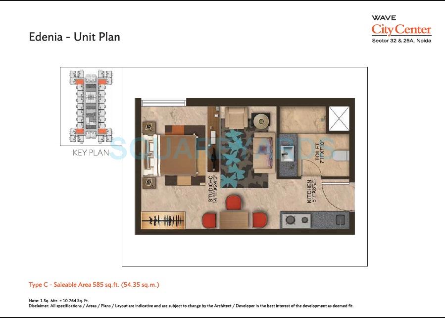 Floor plan of 1 BHK 585 Sq. Ft. Apartment in Wave City Center - Edenia, Noida