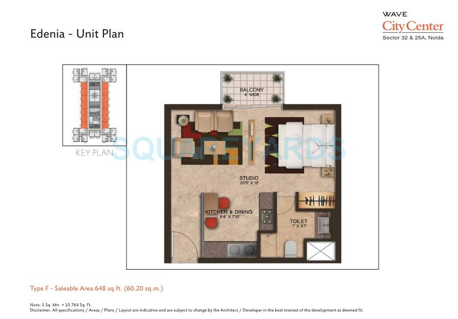 Floor plan of 1 BHK 648 Sq. Ft. Apartment in Wave City Center - Edenia, Noida