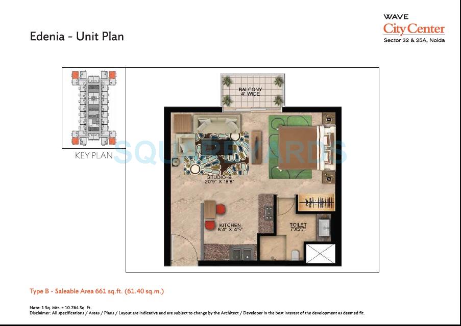 Floor plan of 1 BHK 661 Sq. Ft. Apartment in Wave City Center - Edenia, Noida