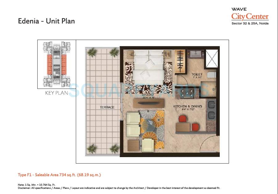 Floor plan of 1 BHK 734 Sq. Ft. Apartment in Wave City Center - Edenia, Noida