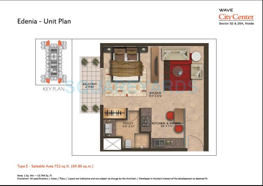 Floor plan of 1 BHK 752 Sq. Ft. Apartment in Wave City Center - Edenia, Noida