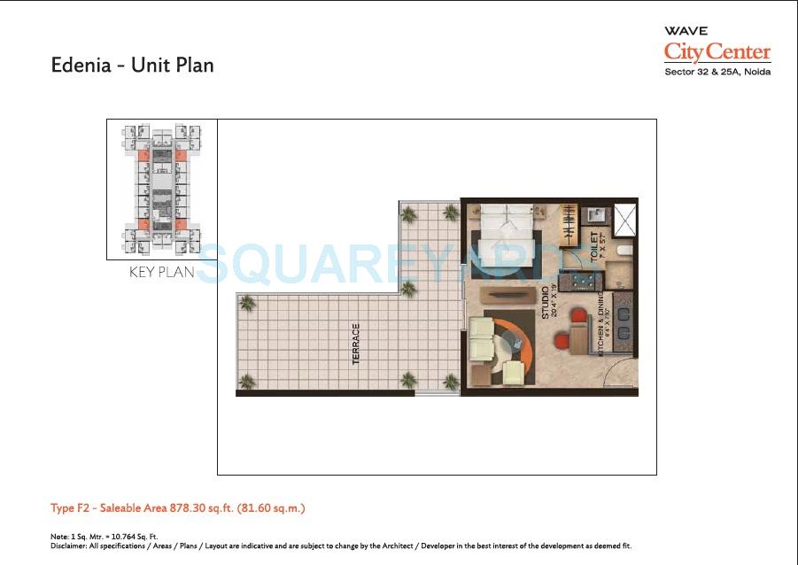 Floor plan of 1 BHK 878 Sq. Ft. Apartment in Wave City Center - Edenia, Noida