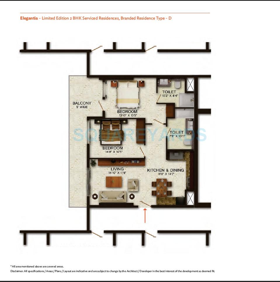 Floor plan of 2 BHK 1400 Sq. Ft. Apartment in Wave City Center - Elegantia, Noida
