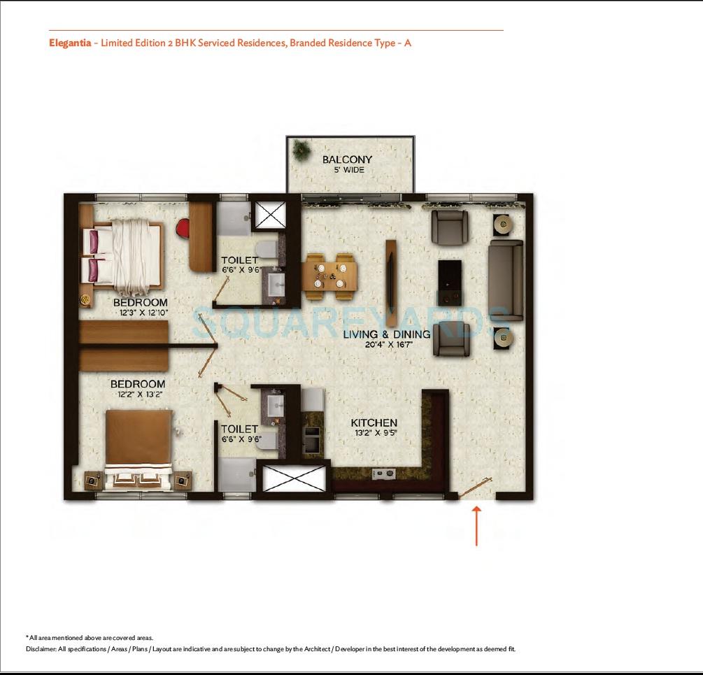 Floor plan of 2 BHK 1504 Sq. Ft. Apartment in Wave City Center - Elegantia, Noida