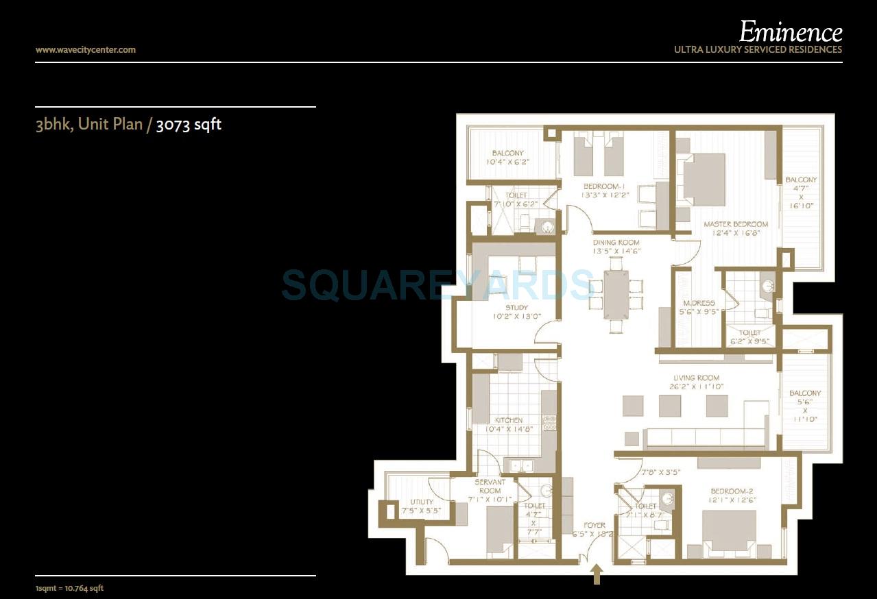 Floor plan of 3 BHK 3073 Sq. Ft. Apartment in Wave City Center - Eminence, Noida